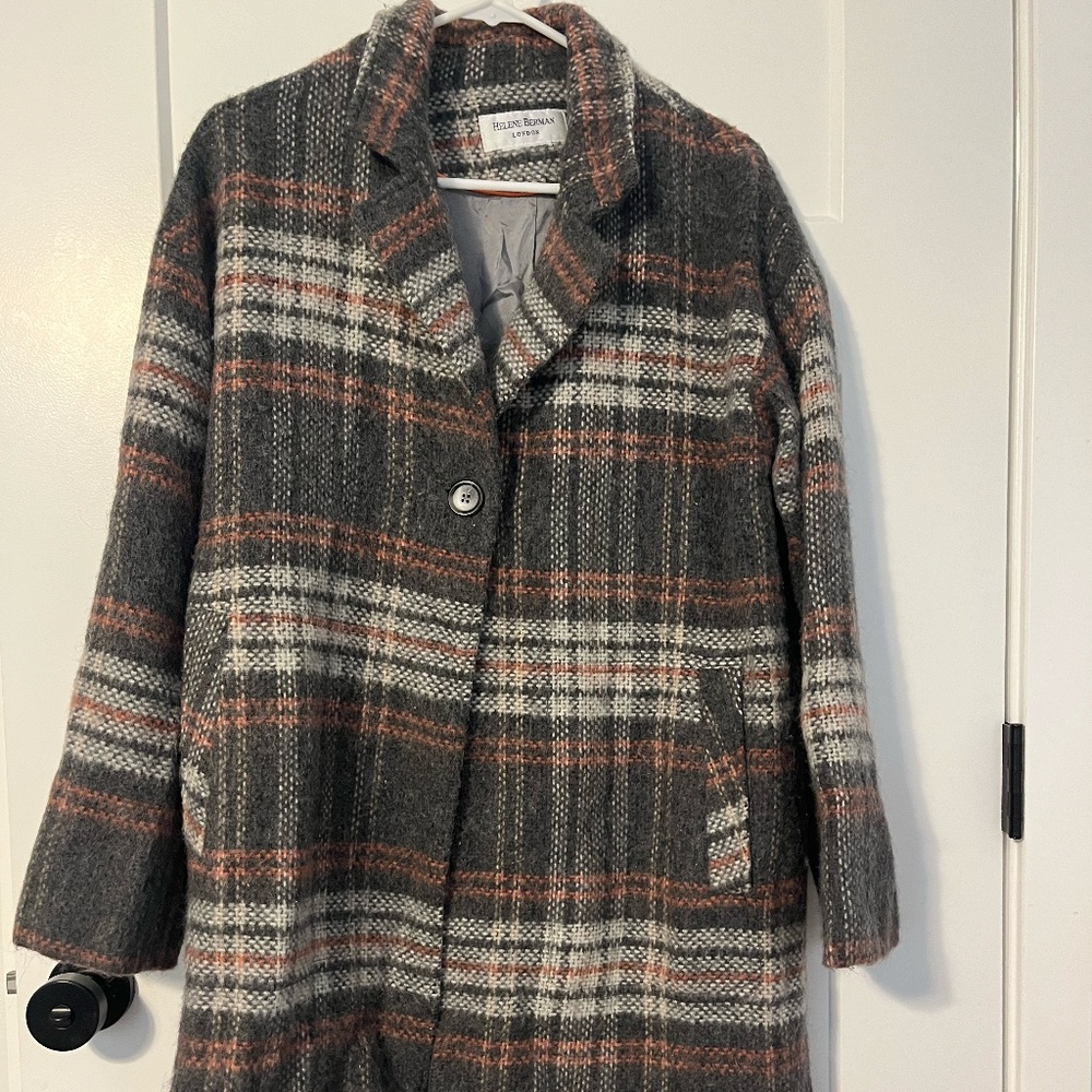 Helene Berman London Plaid Wool Blend Long Coat Size Large Gray Coral White